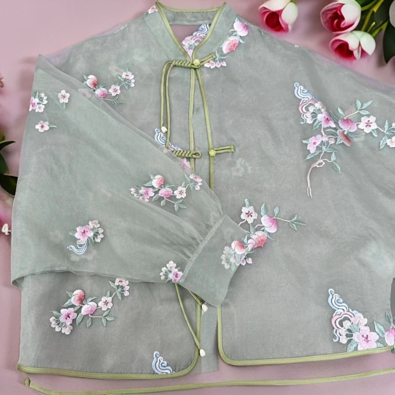 雅姿锦[刺绣]微瑕不补差新中式国风莨纱刺绣粉黛上衣661555