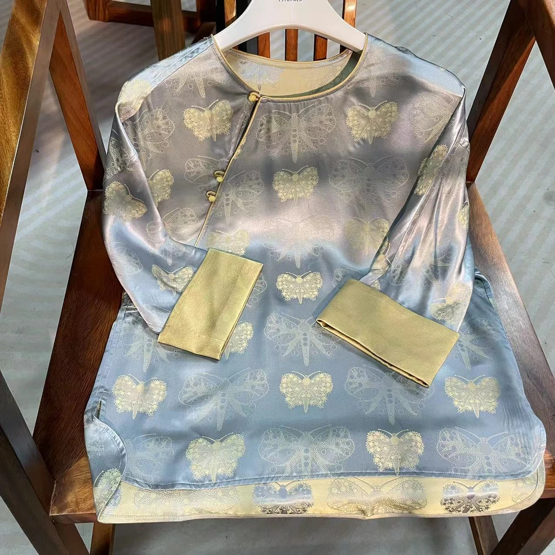 雅姿锦断码福利【蓝蝶】新中式蓝色女士提花复古上衣6611236