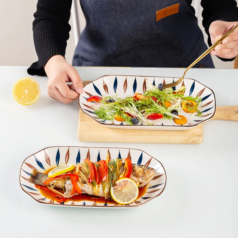 【可美瑞特】日式高颜值高温釉下彩千叶陶瓷鱼盘菜盘家用12寸大号