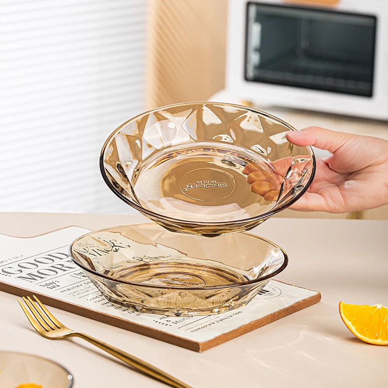 高颜值创意透明沙拉碗茶色钻石盘沙拉盘菜盘玻璃盘家用大号网红