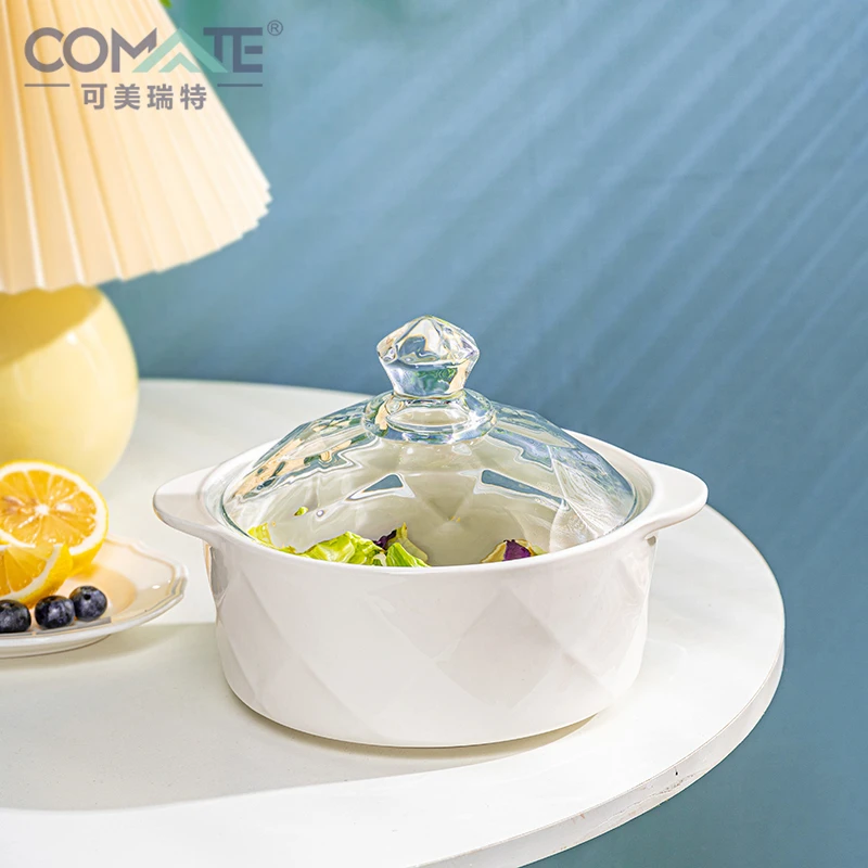 【粉丝福利】欧式家用耐热高颜值双耳陶瓷钻石汤碗1200ML配玻璃盖
