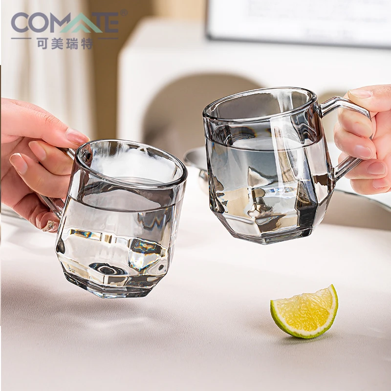 烟灰北欧INS风钻石切割六角把琥珀早餐杯透明喝水杯牛奶杯网红