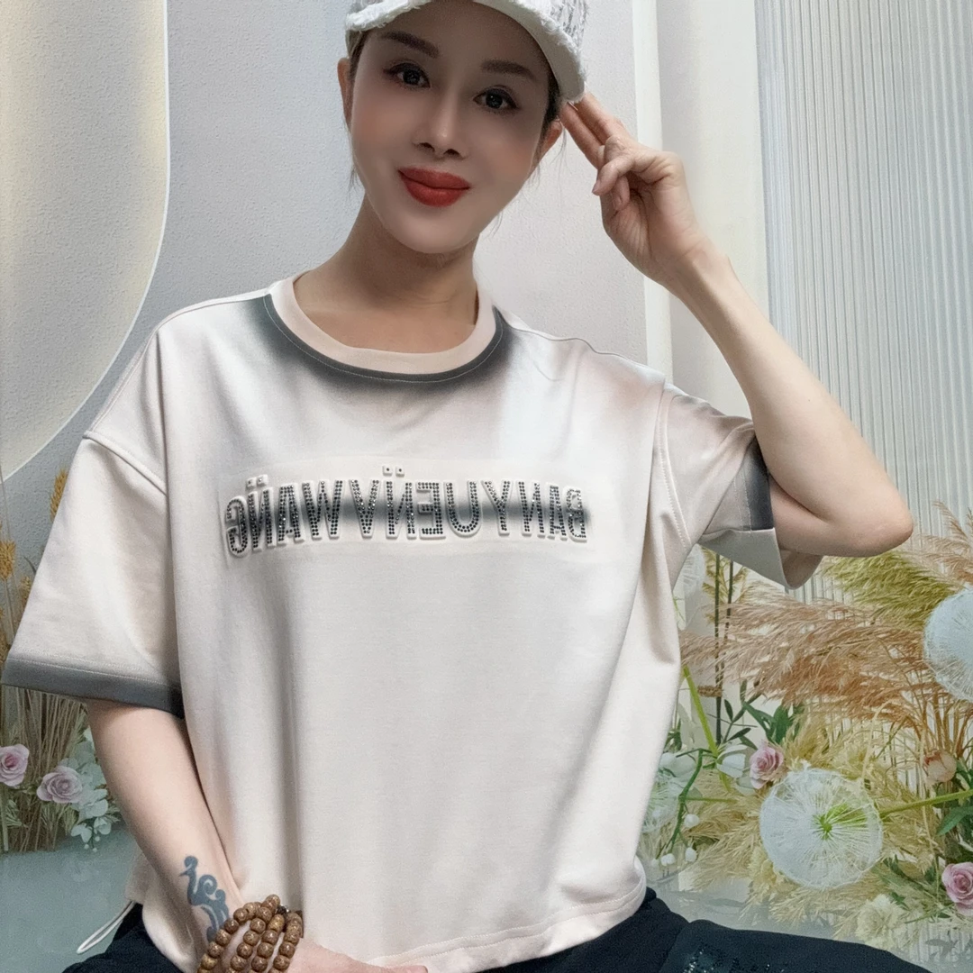 伴月女王工厂B字母时尚休闲百搭夏季宽松棉T圆领显瘦女士
