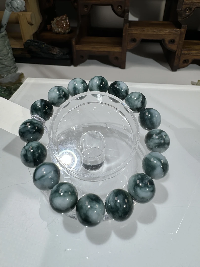 缅甸天然翡翠A货玉石飘蓝花圆珠手串珠宝首饰情人节礼物