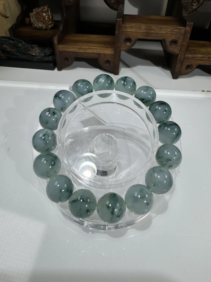 缅甸天然翡翠A货玉石糯种飘蓝花圆珠手串珠宝首饰情人节礼物