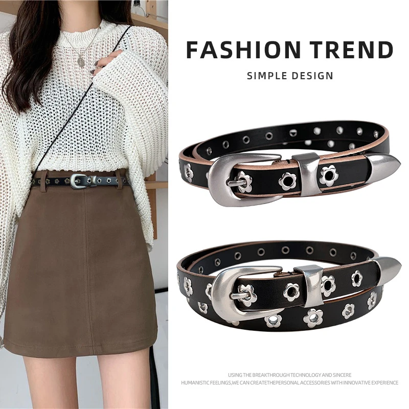 铆钉欧美真皮女士腰带头层牛皮配短裙短裤小众设高级感皮带黑色