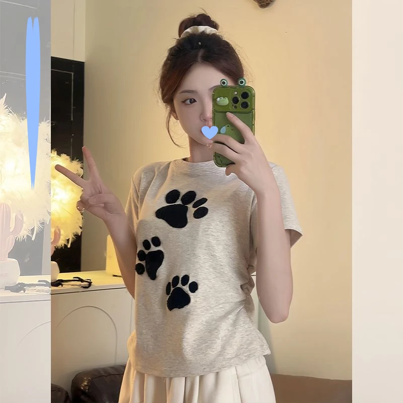 植绒卡通图案正肩短袖T恤2024夏季新款修身显瘦ins小个子短款上衣