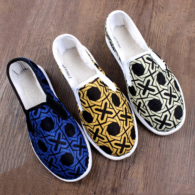 冬季加绒保暖棉鞋新款老北京布鞋男灯芯绒手工软底一脚蹬加厚二棉