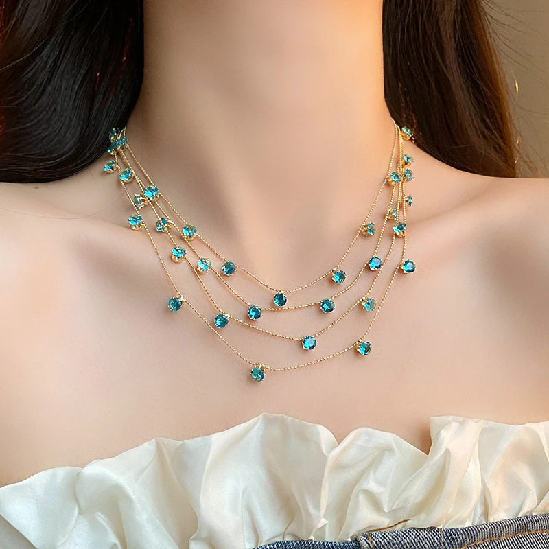 铜合金合成锆石项链 彩色多层叠戴项链轻奢欧美气质锁骨链配饰女
