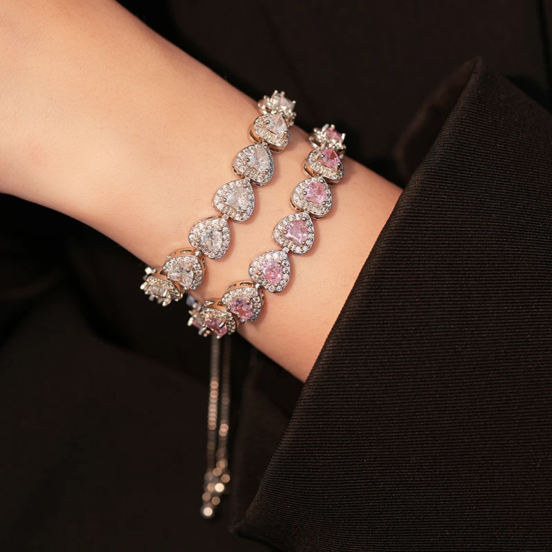 铜合金锆石手链 抽拉式爱心手链时尚百搭手环轻奢高级感气质手饰