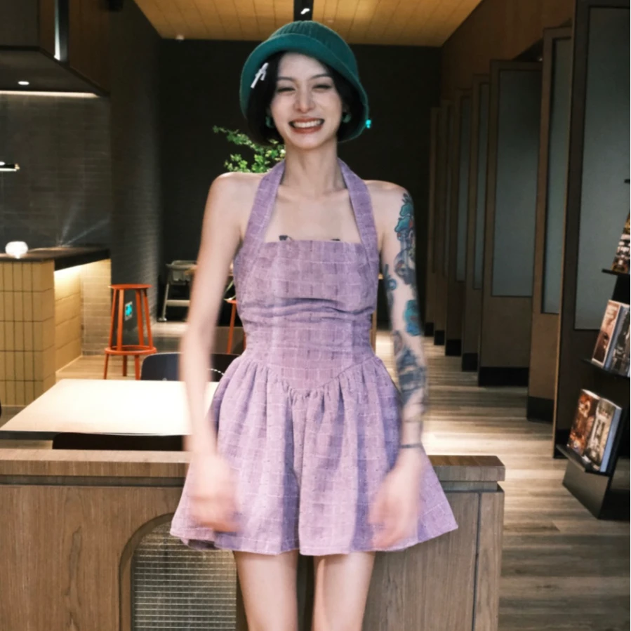 制造后花园*复古优雅梦幻紫雪尔尼编织格挂脖收腰显瘦连衣裙