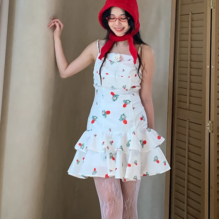 制造后花园*小清新印花荷叶双层摆吊带连衣裙