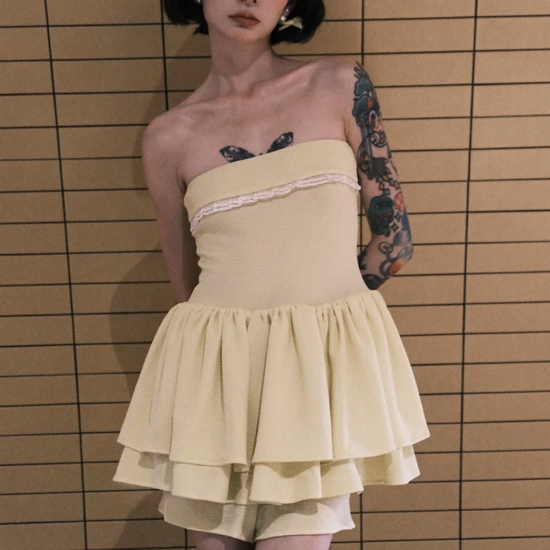 制造后花园*小仙女蕾丝边双层摆抹胸裙收腰蓬蓬连衣裙