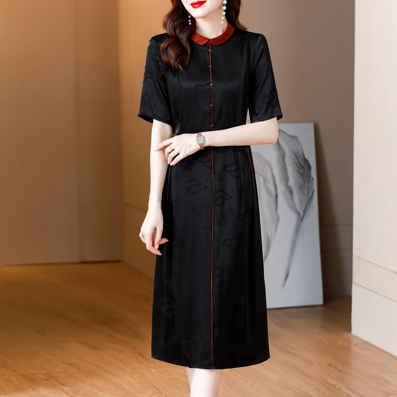 夏季新款中式妈妈装改良中国风旗袍复古时尚提花显瘦连衣裙气质女