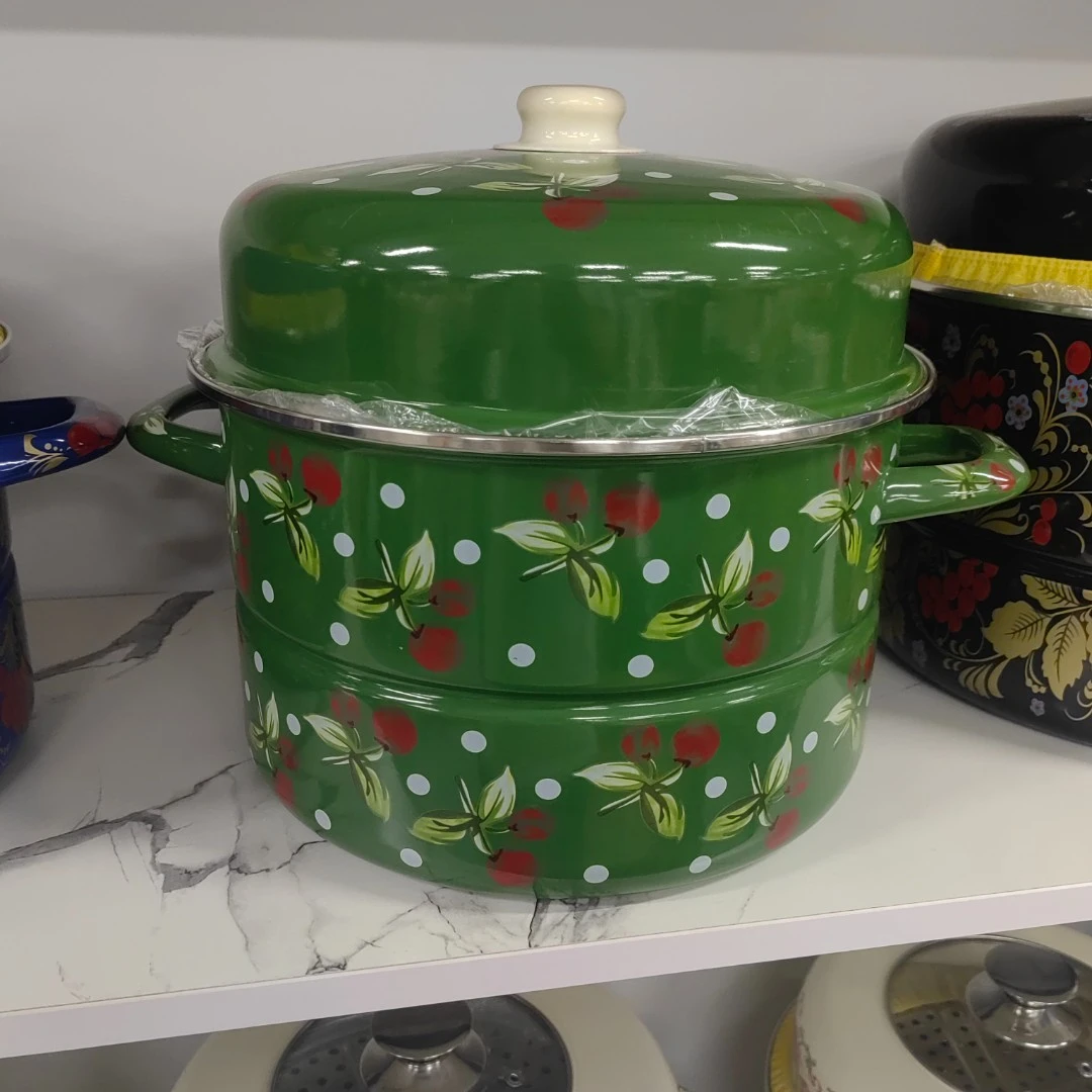 蒸锅家用绿色樱桃搪瓷蒸锅微瑕疵双层蒸锅