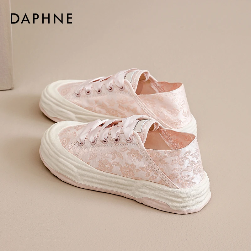 达芙妮小白鞋女夏季2025设计感国风刺绣一脚蹬薄款粉色帆布鞋