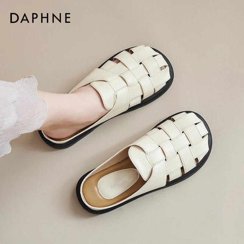 达芙妮拖鞋女夏季外穿2025厚底包头半拖鞋一脚蹬编织罗马凉鞋