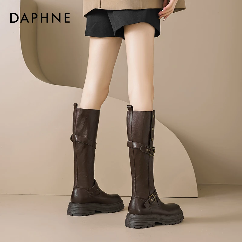 达芙妮长筒靴女2025新款秋季琥珀流光靴子厚底两穿西部靴美拉德