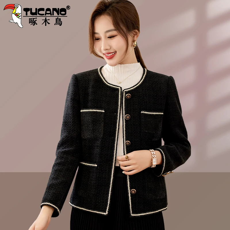 【官方】啄木鸟黑色小香风外套女春秋新款洋气时髦中年妈妈气质上衣
