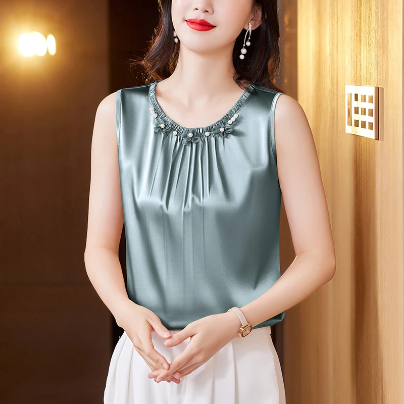 2024实拍新款订珠花朵小背心内搭春夏缎面大码外穿无袖上衣1705