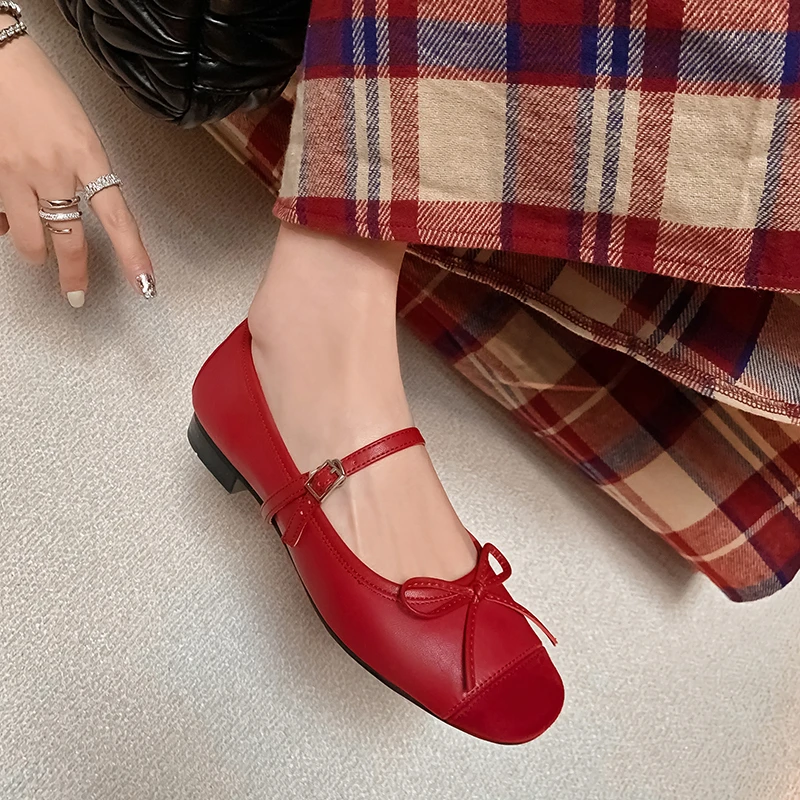 【晨小姐】一字带蝴蝶结浅口单鞋女春季新款平底芭蕾鞋玛丽珍炒软鞋