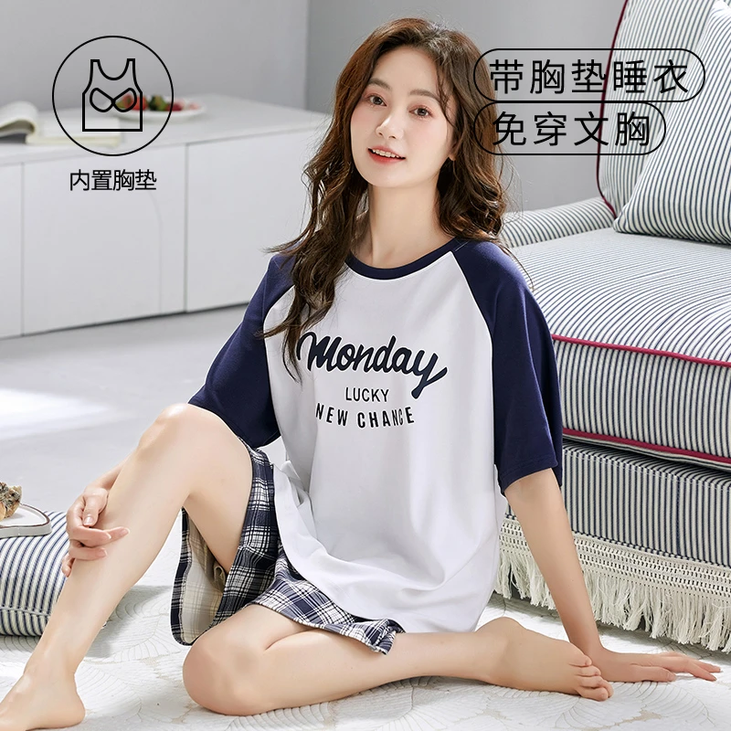 2024爆款带胸垫睡衣女款夏季短袖短裤家居服高档套装高级感可外出