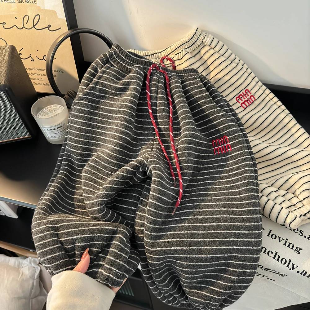 【高品毛巾绒】儿童条纹加绒加厚裤子冬季加厚休闲裤冬季绒加绒卫裤