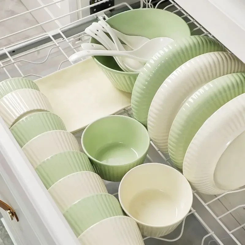 2/4人家用高颜值奶油风碗盘面碗汤碗组合餐具 新款罗马竖纹陶瓷碗