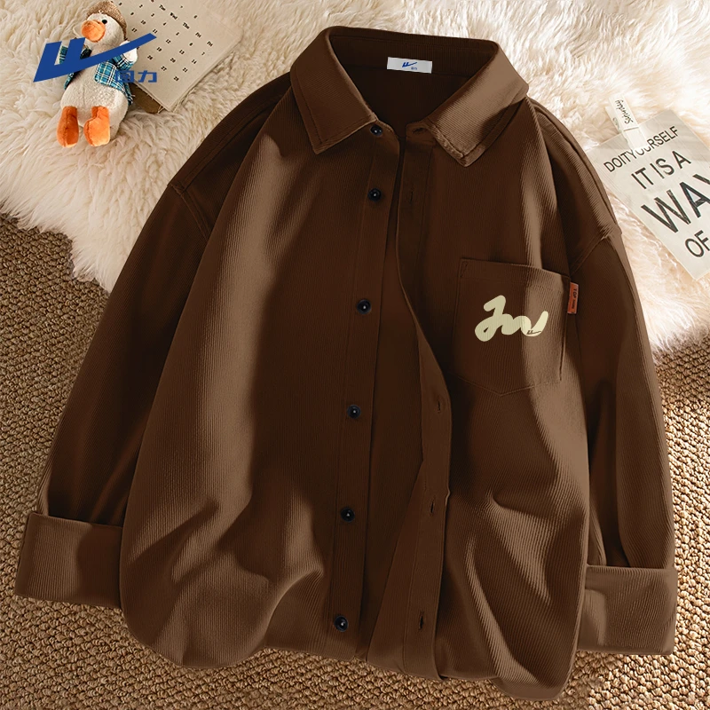 回力休闲衬衣高端灯芯绒外套男士简约复古设计感潮流宽松长袖衬衫