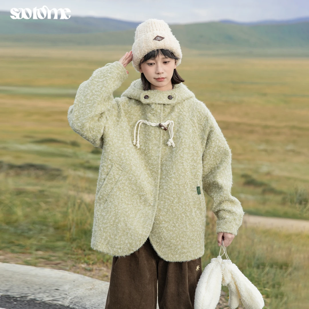 早乙女惠子saotome日系街头复古毛呢肌理牛角扣连帽夹棉大衣4424