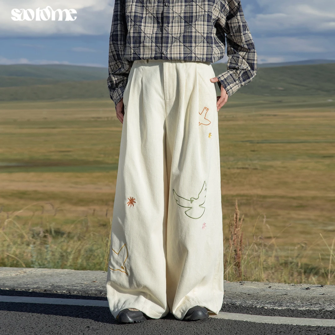 早乙女惠子saotome日系纯棉彩色飞鸟刺绣灯芯绒长裤阔腿裤4418