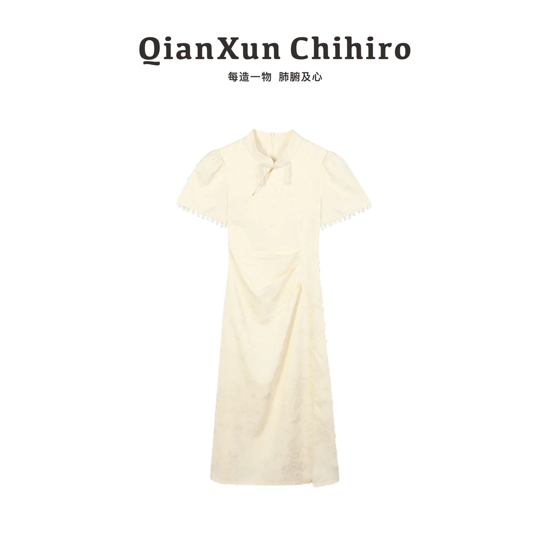 「书香世家」纯色高领短袖连衣裙女精致蕾丝花边装饰C4LYQ5571A清凉