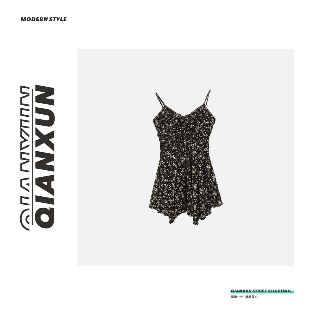 【千寻严选】经典复古百搭休闲气质黑色碎花V领吊带连衣裙C4LYQ5143