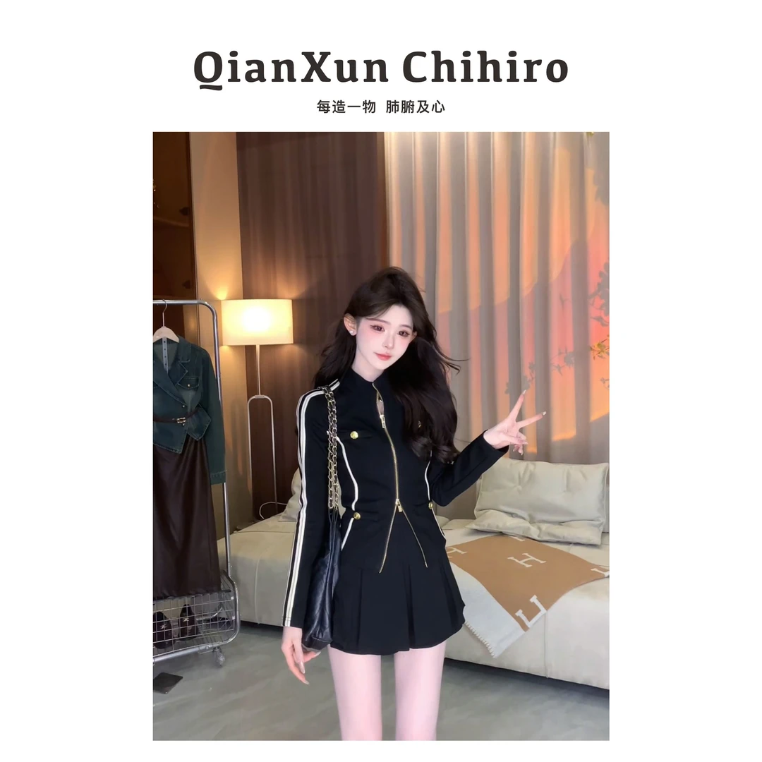 「瘦没了」时尚金扣黑色夹克外套条纹拼色休闲气质百搭Q4WT7248A