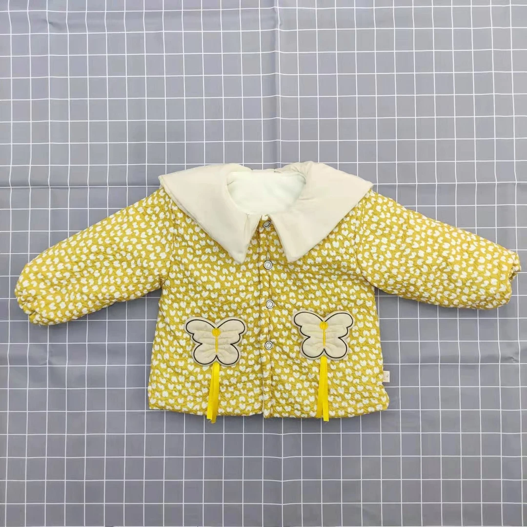 冬季保暖时尚碎花泡泡纱加棉加厚棉服公主外套儿童蝴蝶领棉服女童