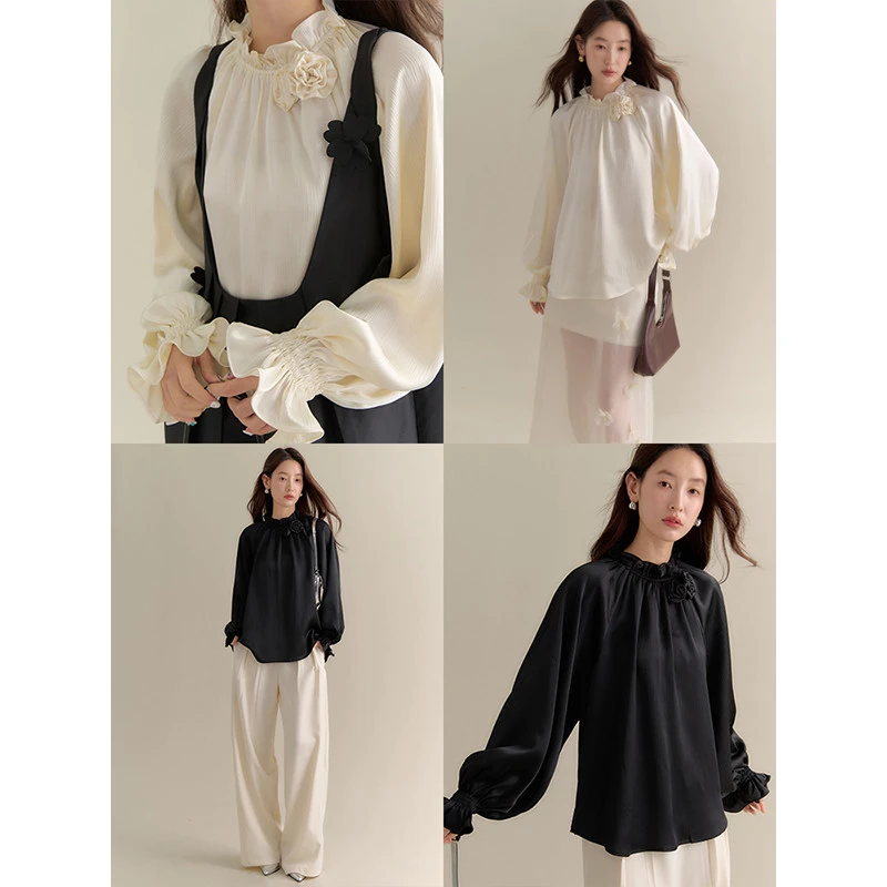 原创设计 玫瑰的故事 光感缎面立体花朵宽松长袖衬衫SH83N6415