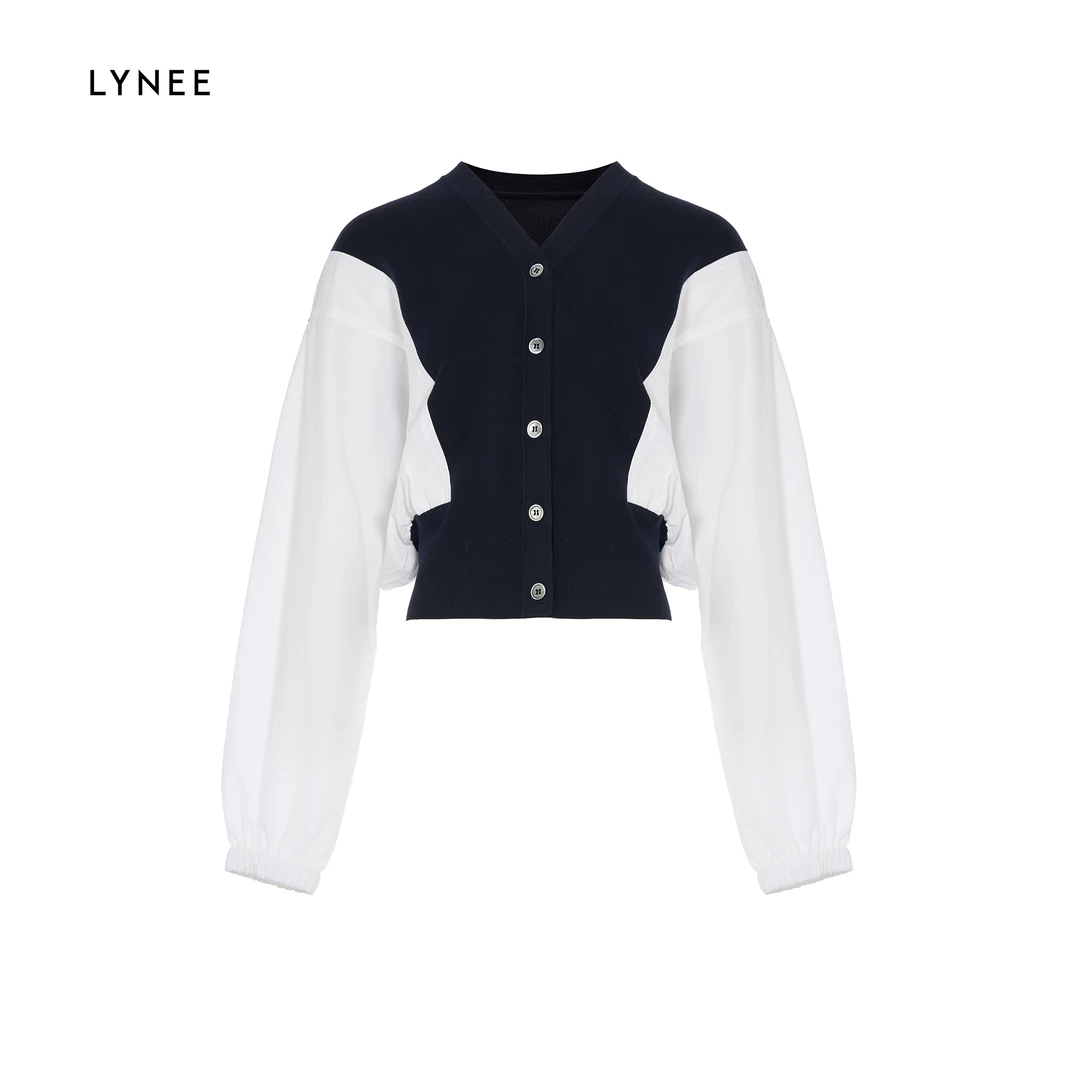 LYNEE 法式气质短款拼接撞色设计针拼梭百搭长袖开衫女LGD2DAT015