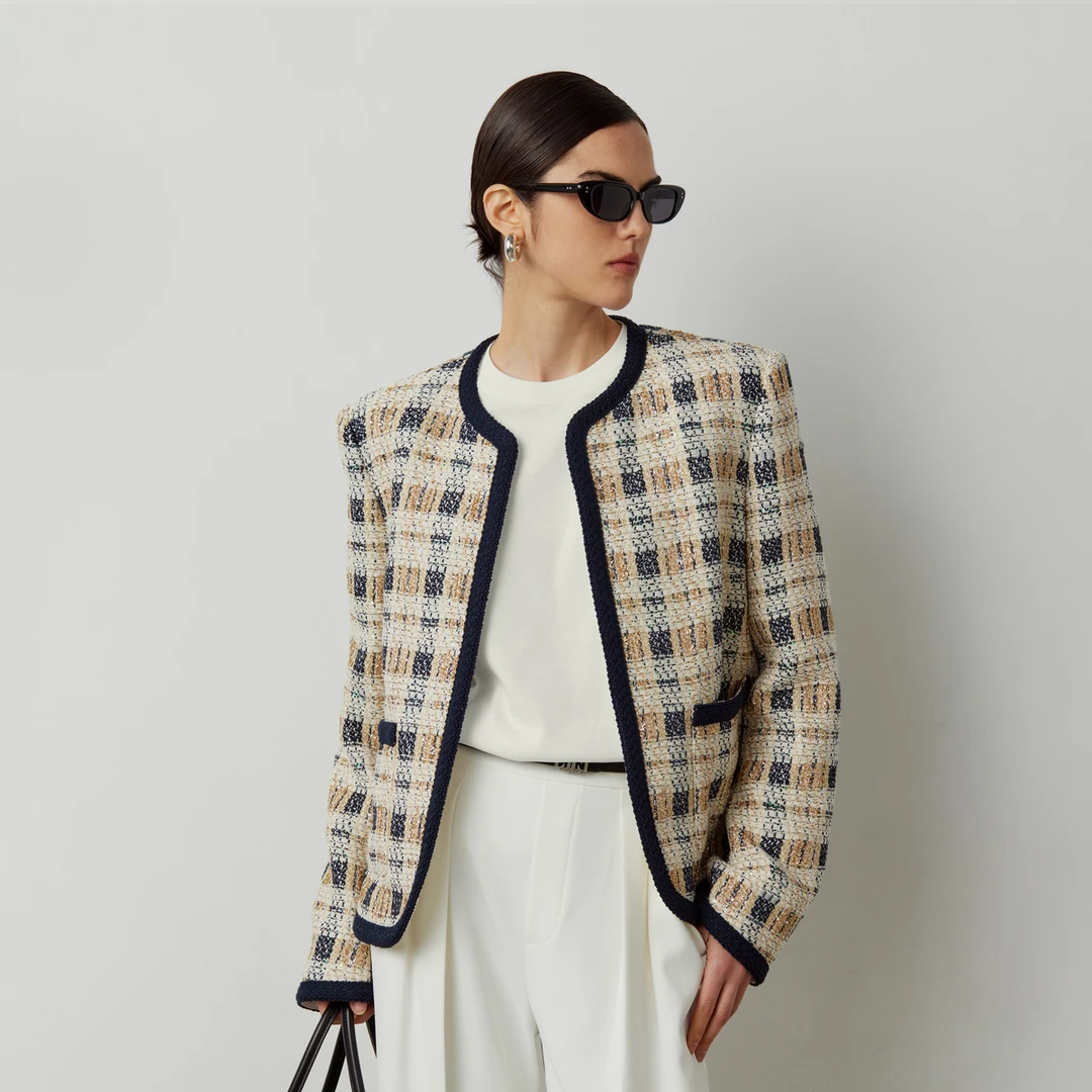 LYNEE金丝交织格纹圆领重工小香风时尚短外套短款女LGD2ESW145