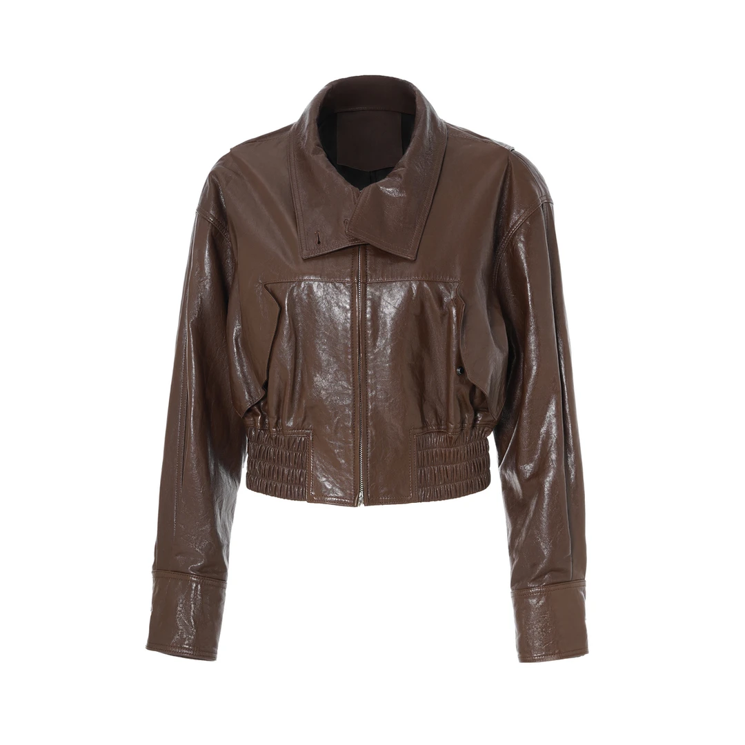 LYNEE 新品【金标系列】复古羊皮翻领拉链短款皮衣外套 LGD2EAL024