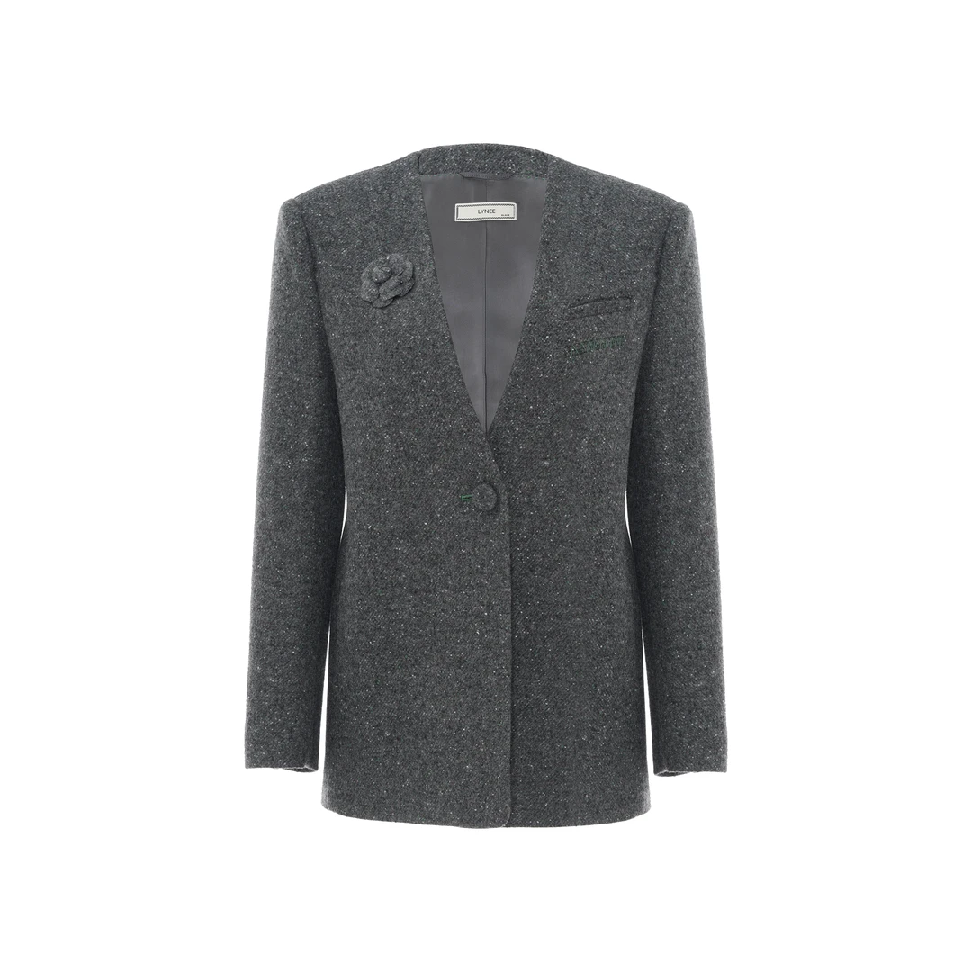LYNEE【黑标系列】花呢饰花朵直身无领西装外套女 LGD2EAW187