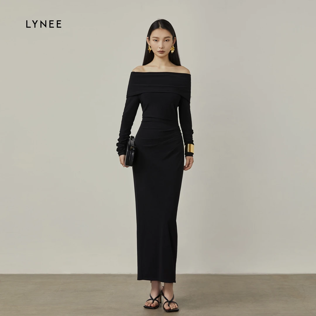 LYNEE 一字肩修身气质包臀连衣裙长袖女优雅轻奢长裙LGD2DST059