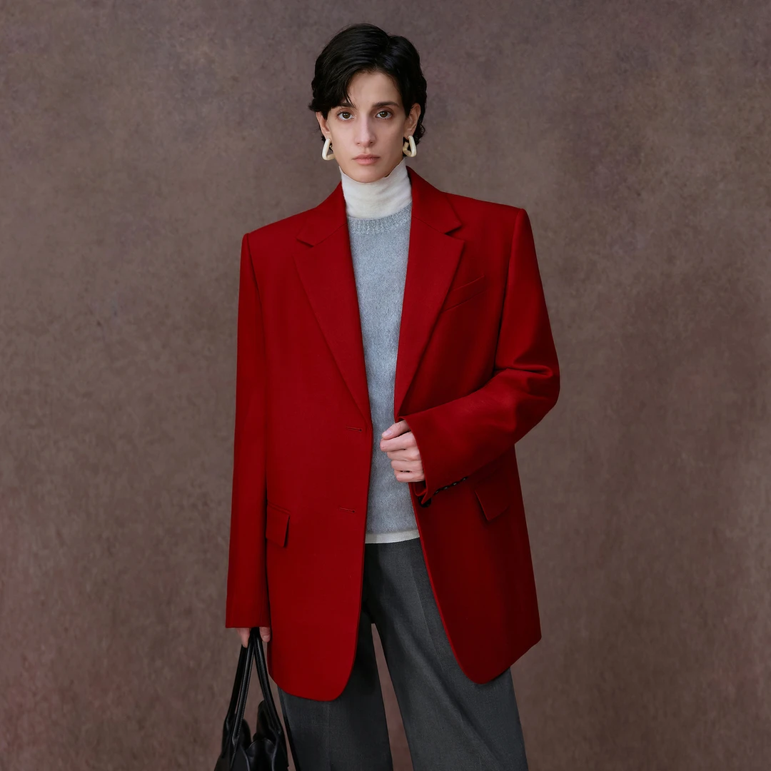 LYNEE【黑标系列】 羊毛宽肩直身红色气质西装外套 LGD2EAW182