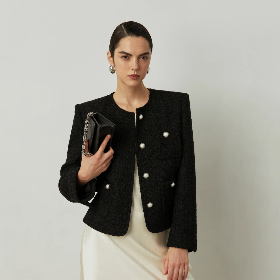 LYNEE 九分袖贴袋肌理感小香风黑色短款外套设计师女 LGD2ESW074