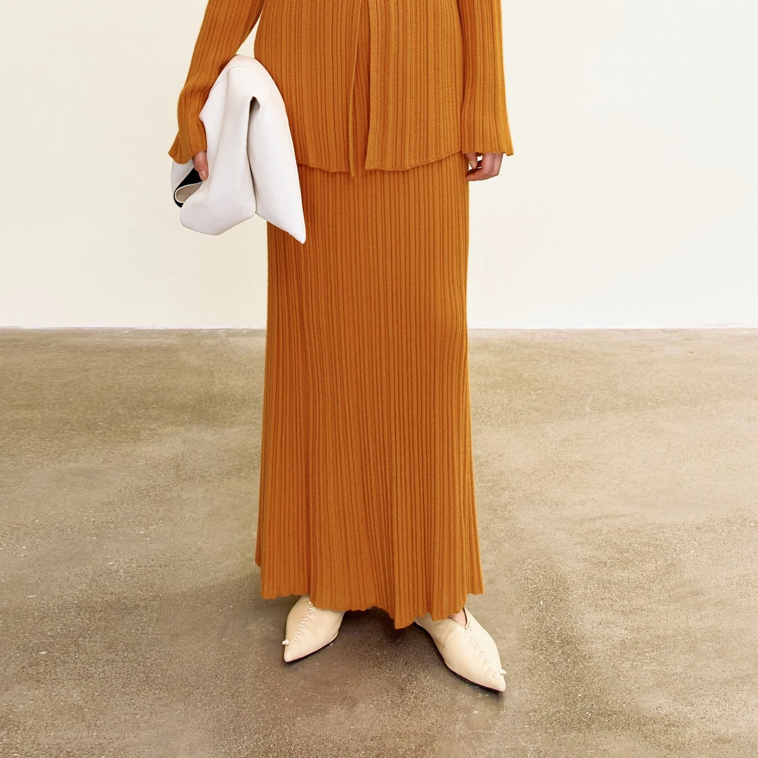 LYNEE【金玉满堂】高腰坑条针织直筒半裙休闲显瘦 LGD2EAK016