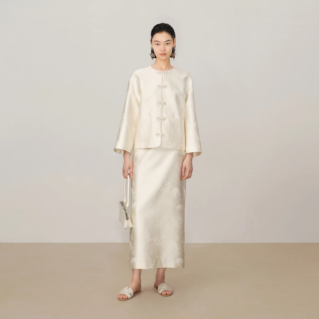 LYNEE  国风手工盘扣竹韵提花直筒半身裙秋季新款 LGD2EAW042