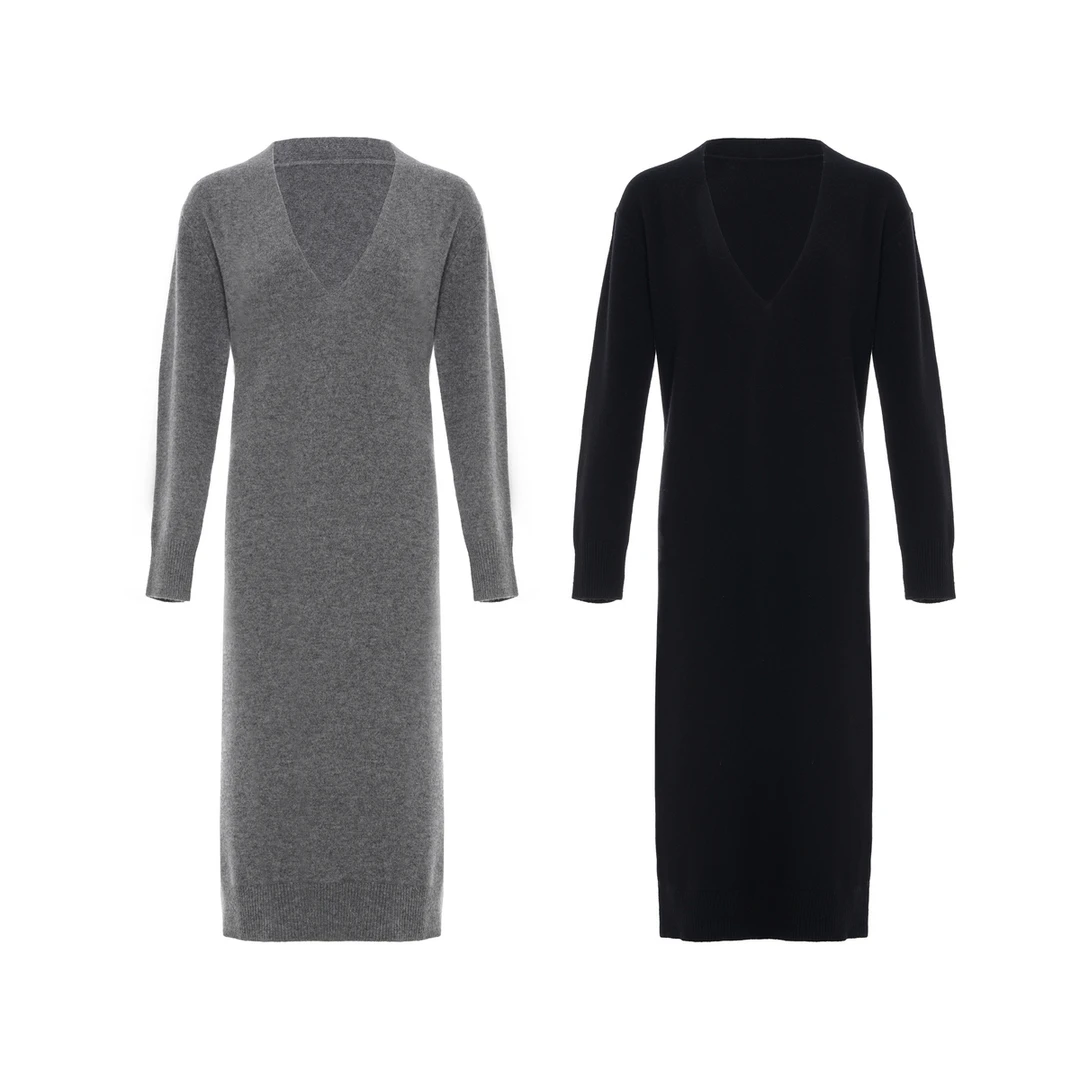LYNEE 美利奴绵羊毛简约V领宽松针织连衣裙女 LGD2EAK107