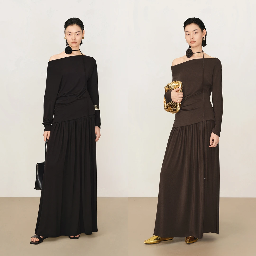 LYNEE 一字领斜肩收腰上衣饰花朵A字伞摆半身裙 LGD2EAT024/AT023