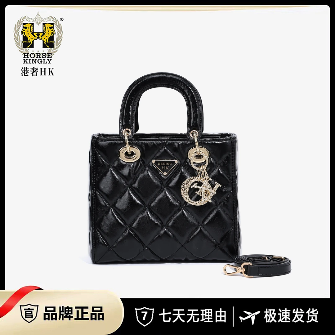 Horse Kingly女士单肩斜挎绣线包菱格泡泡黑色经典包1124赠礼盒