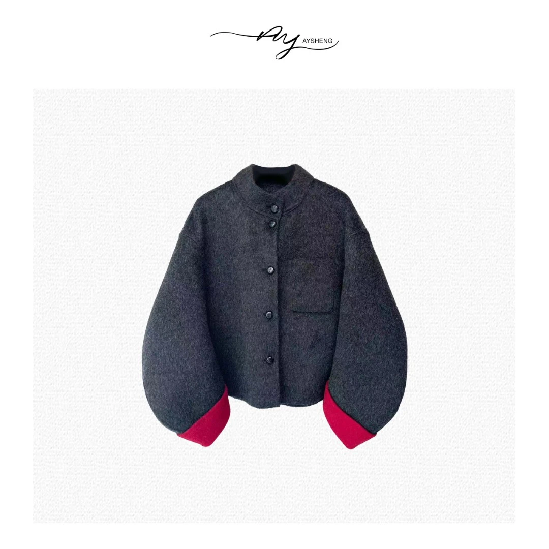 TXB 羊毛桑蚕丝混纺牦牛绒撞色短款毛呢外套-6359