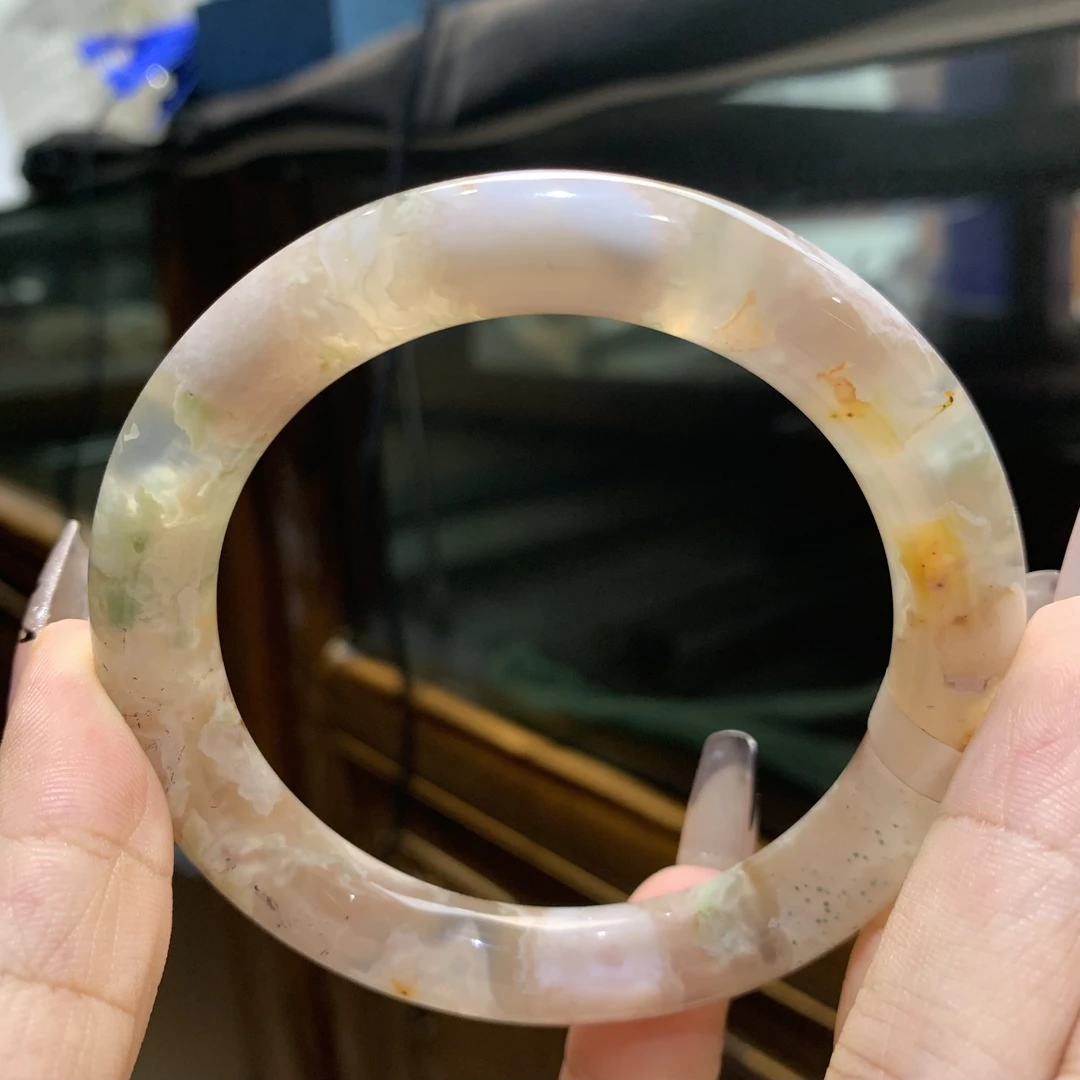 樱花玛瑙粉色成型花绿勾边手镯57口1号默认微瑕